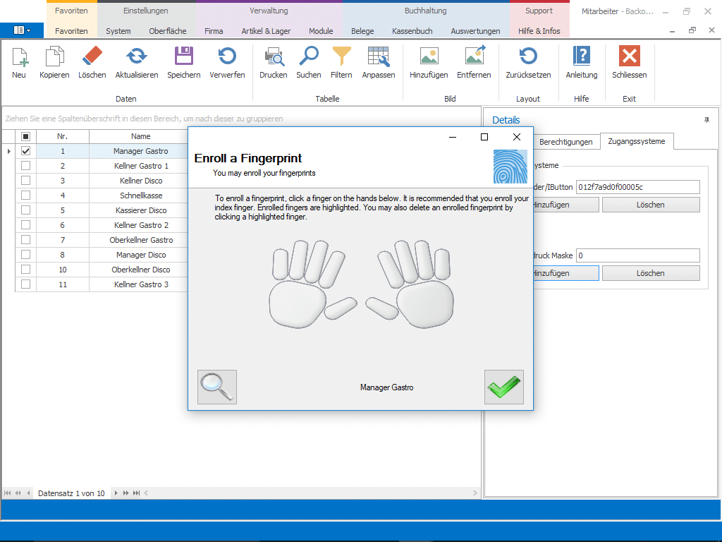 Fingerprint Modul - Screenshot der Einrichtung und Konfiguration der Touch Fingerabdruck Add-On Erweiterung Kassensoftware