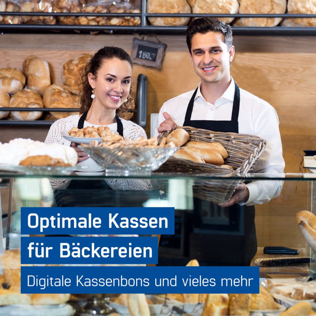 Fröhliche Bäcker präsentieren Backwaren und freuen sich über die tollen Kassensysteme für Bäckereien von GastroSoft