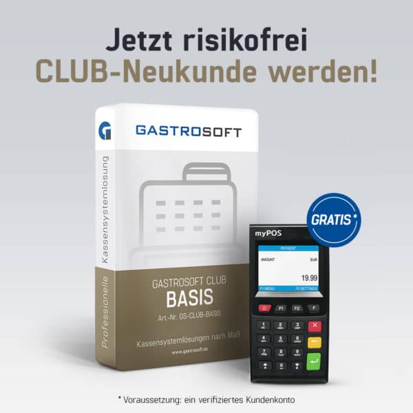 Ansicht GastroSoft CLUB Basis Paket mit einem gratis mobilen Kartenlesegerät , risikofrei CLUB-Neukunden werden