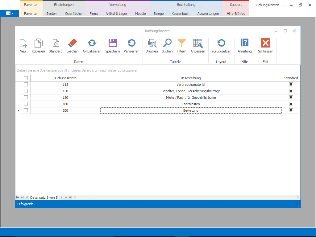 Kassenbuch Software Programm Screenshot - Buchungskonten Tabelle als Add-On Kassensoftware Erweiterung