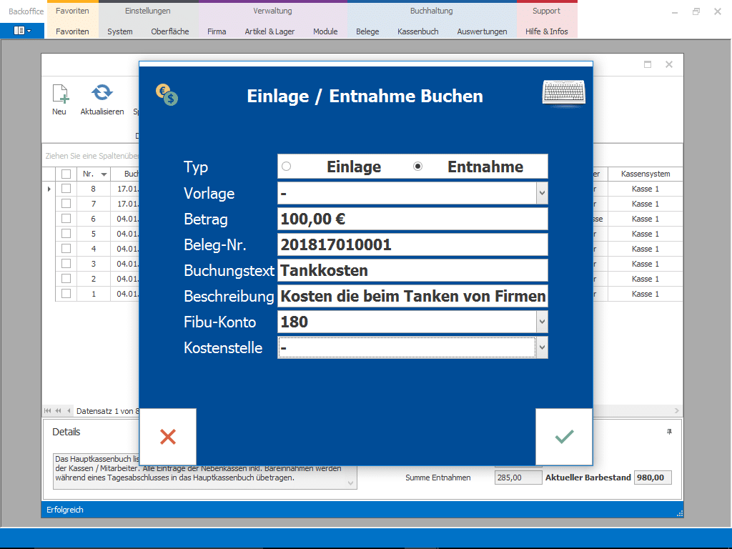 Kassenbuch Software Screenshot - Einlage oder Entnahme Buchen in der Add-On Erweiterung der Kassensoftware
