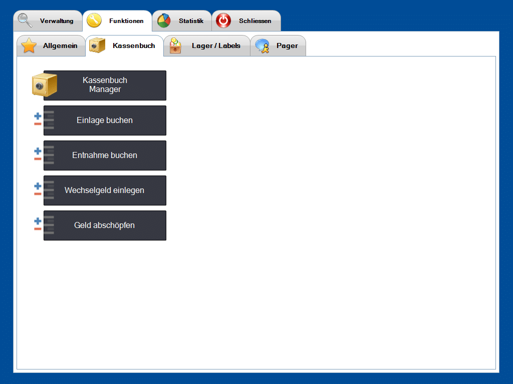Kassenbuch Software Screenshot der Kassenbuch-Manager Funktion als Add-On Erweiterung der Kassensoftware