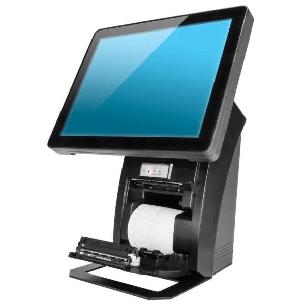 Zonerich 12 Zoll Kassenterminal mit integriertem Kassendrucker - Vorderansicht mit Monitor und Kassenzetteldrucker/Bondrucker in schwarz