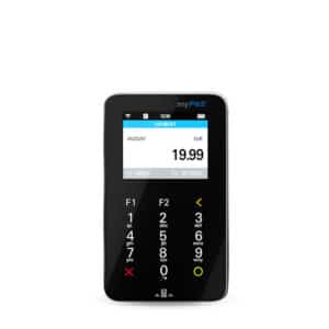 Eingeschaltetes myPOS Mini mPOS in Schwarz von vorne, Mobiles POS Terminal mit Display für Kartenzahlungen