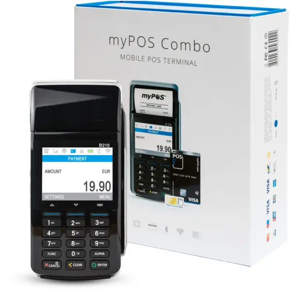 Eingeschaltetes myPOS Combo in Schwarz im Hintergrund die Verpackung, Mobiles POS Terminal