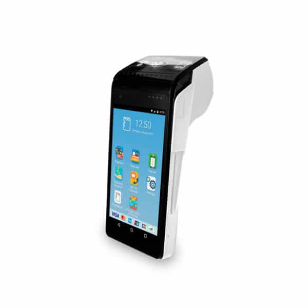 Eingeschaltetes myPOS Smart N5 in Schwarz von Vorn, Mobiles POS Terminal mit Display für Kartenzahlungen