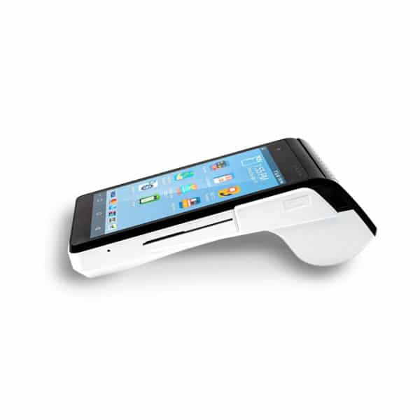 Eingeschaltetes myPOS Smart N5 in Schwarz von der Seite, Mobiles POS Terminal mit Display für Kartenzahlungen