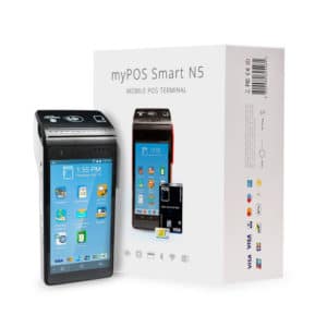 Eingeschaltetes myPOS Smart N5 in Schwarz im Hintergrund die Verpackung, Mobiles POS Terminal